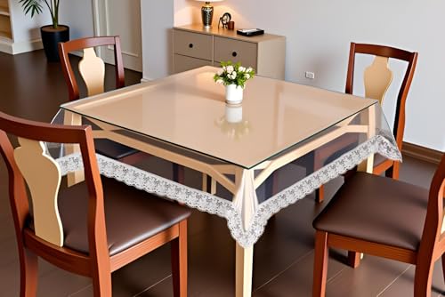 Image of The Furnishing Tree Square Shaped 4 Seater Transparent Table Cover Size 54x54 inches 0.25 mm Thickness with White Lace