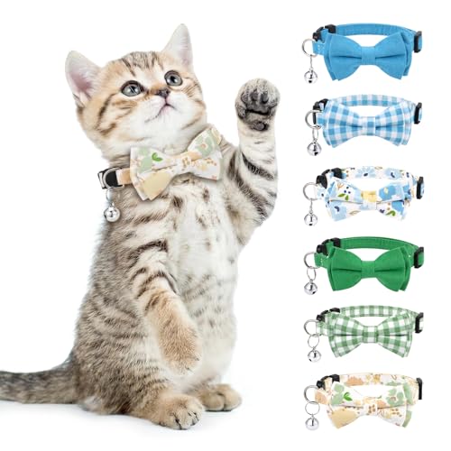 6 PCS Cat Collars with Bow Tie and Bell Cat Collars Plaid Breakaway Adjustable Cat Bow Tie Collars Cute Bow Tie Suitable for Kittens Or Certain Puppies Mixed Colors