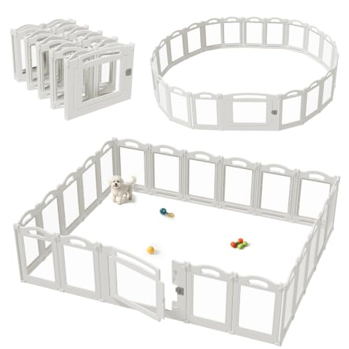 Image of Foldable Clear Acrylic Dog Playpen with Door, 23.6 inch Acrylic Puppy Playpen, Easy Assemble Indoor Pet Fence with White Frame, Clear Dog Playpen for Puppies & Animal (White, 23.6'H, 20 Panels + 1 Door)