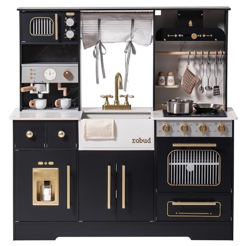 Image of ROBUD Wooden Play Kitchen Set for Kids and Toddlers with Coffee Machine, Ice Maker, Microwave, Oven, Large Cabinet, 12 Accessories, Gift for 3+, Black