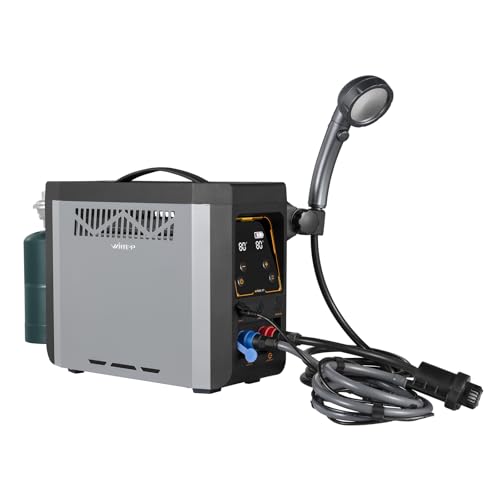 Wintemp Calentador de agua portátil de propano con bomba de cabezal de ducha, calentador de agua de propano para acampar al aire libre, batería integrada recargable de 4000 mAh, agua caliente para