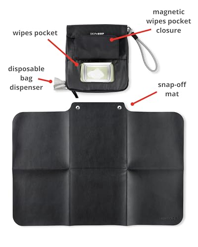 Image of Skip Hop Travel Baby Changing Pad with Easy-Clean Surface, Covers Public Changing Stations, Wipes Pocket, Diaper Storage, Disposable Bag Dispenser and Magnetic Wipes Pocket, Clean Slate, Black