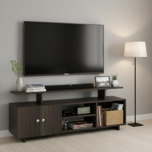 Image of FURNEASER Eskido Engineered Wood TV Entertainment Unit, Floor Standing TV Cabinet with Storage Shelves for Living Room, TV Stand for 32,43,50 & 55 Inch TV (Exotic Teak & White) (Wenge)