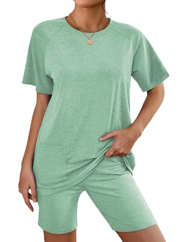 Image of Ekouaer Two Piece Sets for Women Summer Outfits 2026 Lounge Set Crew Neck Tshirts Biker Short Sweatsuit with Pocket