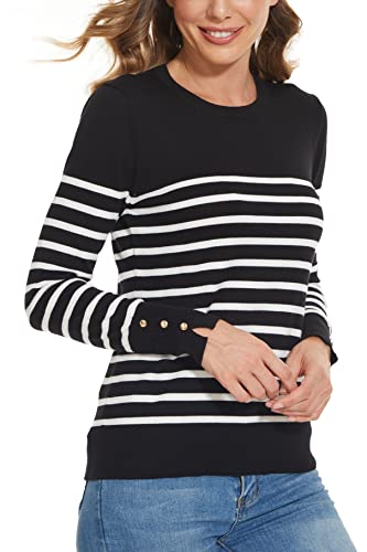 Image of Spicy Sandia Women's Long Sleeve Crewneck Sweaters Dressy Casual | Striped or Solid Available, Classic, Business Casual Tops for Office Work