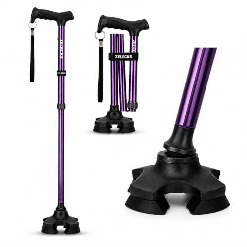 Image of ZELECKS Walking Cane for Women & Men - Self Standing Adjustable Folding Cane with T Handle and 360 Pivot Base - Lightweight Foldable Walking Stick for Seniors - Collapsible Cane for Walking