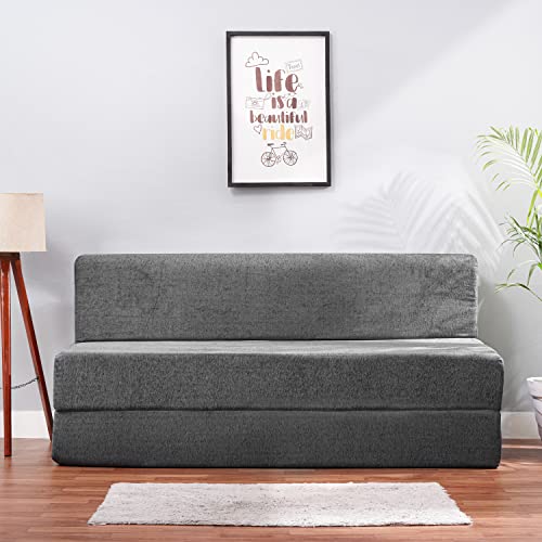 Image of Convertible Fabric Sofa Cum Bed | Foldable Double Foam & Washable Cover with Cushions | Modern Design Use Living Room & Guest Room (Dark-Grey-Multi-Star, 5X6 Ft)