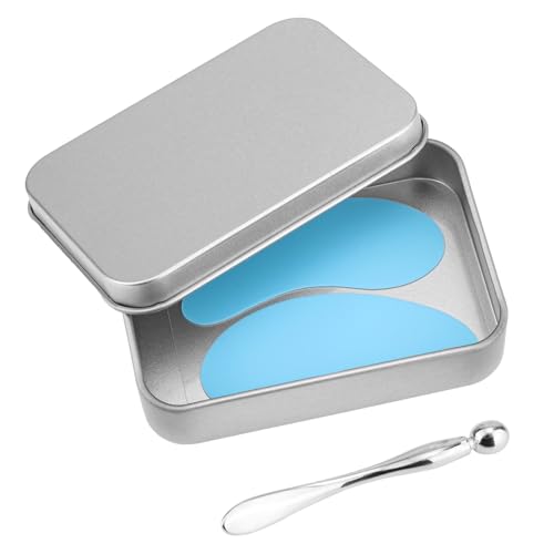Reusable Eye Patch, Silicone Eye Gel Pads Eye Patches Under Eye Mask, Plump Fine Lines & Wrinkles with Metal Eye Cream Applicator & Tin Case for Dark Circles & Puffy Eyes (Blue)