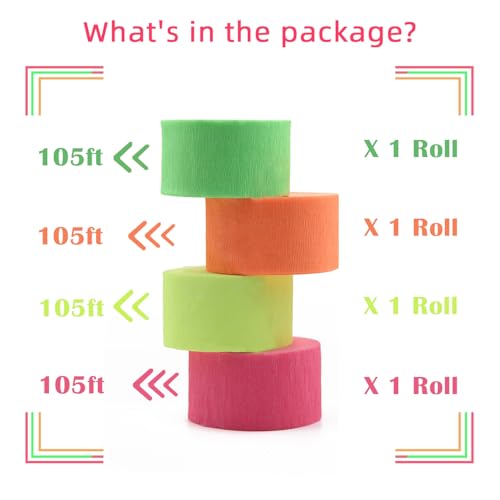 Image of 420feet Blacklight Party Streamer Decorations 4 Rolls Glow Crepe Paper UV Reactive Fluorescent Neon Paper Streamers Glow Party Supplies and Decorations for Wedding, Birthday, Neon Party, Fiesta Party