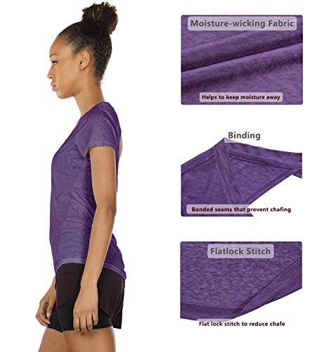Icyzone Open Back Workout T-Shirts For Women - Running Gym Shirts Yoga Tops Exercise Short Sleeves (S, Purple) #TOP4
