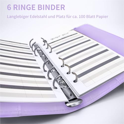 A5 Binder, PU Leder Ringmappe, Nachfüllbarer Budget Organizer, Notizbuch A5 Ringbuch Planer für Arbeit, Reisen und Organisation (Lila)
