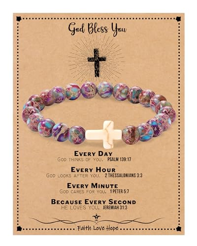 Image of Cross Bracelets for Women, Christian Gifts for Women Stocking Stuffers for Teens Cross Bracelet Imperial Nature Stone Bead Bracelet Confirmation Baptism Gift for Teen Girls Christmas Religious Gift Cathlic Faith Jewelry
