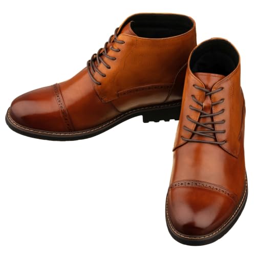 Image of CALTO Men's Invisible Height Increasing Elevator Shoes - Brown Leather Lace-up Cap-toe Boots with Inner Faux Fur - 3.2 Inches Taller - Y41085 - Size 11.5 D(M) US