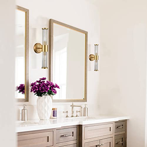 Image of Mid-Century Wall Sconces Brass Glass Rod Wall Light 2-Light Vanity Wall Lights Fixtures for Bedroom Hallway Living Room