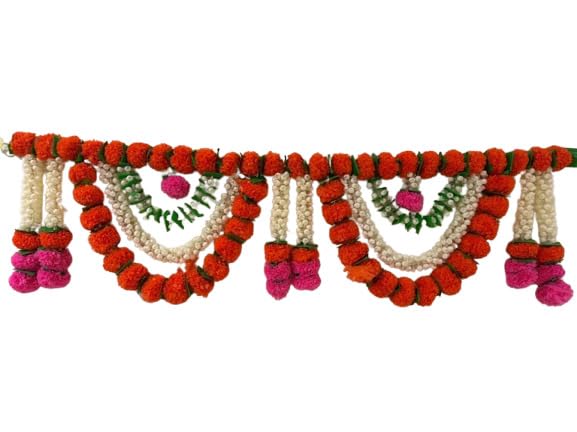 Image of 3 Ft Marigold Mogra Toran | Door Hanging Toran | Indian Thorans | Atificial Flower Garland | Pooja Mandir, Door, Diwali Decoration Toran | Indian Housewarming Decor, Bandhanwar | (Pack of 1)