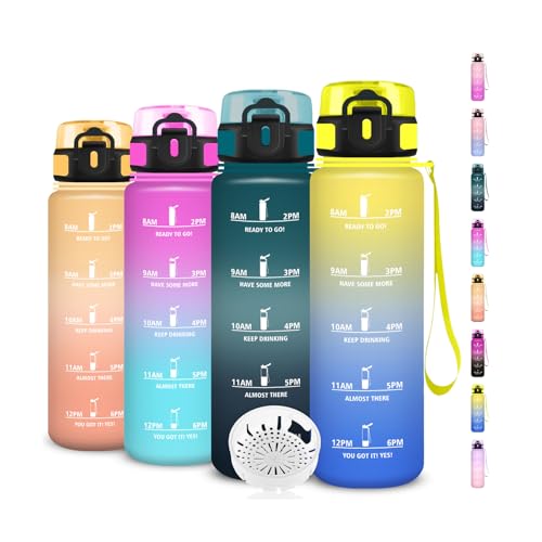 Botella de Agua 1 Litro, Botella Agua Gimnasio con Filtro, Cantimplora Infantil Motivacional, Fácil de Limpiar, Cantimplora con Marca de Tiempo, para la Escuela, Adulto, Deportes, Camping, Bicicleta