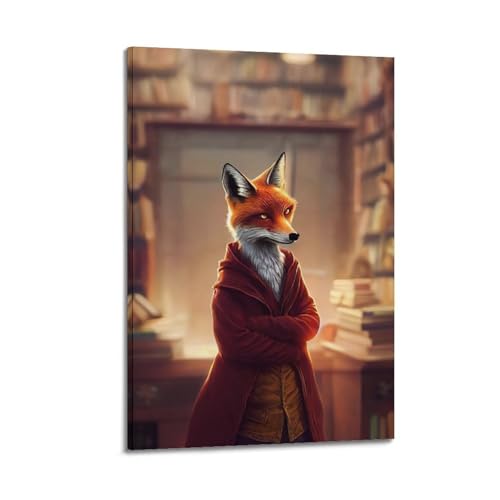 Miss Fox in The Library toile décorative 40x60 cm pour habiller le mur d'un salon ou bureau cosy