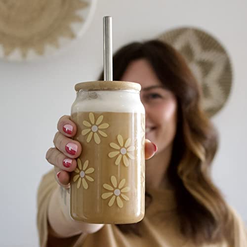 Iron & Flint Yellow Daisies Iced Coffee Glass Cup With Bamboo Lid And Straw | 16Oz Beer Can Glass With Lids And Straw | Can Shaped Glass Soda Can Cup | Glass Tumbler With Bamboo Lid And Straw #TOP1