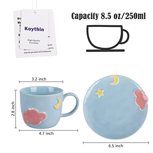 Koythin Ceramic Coffee Mug With Saucer Set, Cute Creative Embossed Moon And Star Cup Unique Design For Office And Home, Dishwasher And Microwave Safe, 8.5 Oz/250 Ml For Latte Tea Milk (Moon And Star) #TOP1