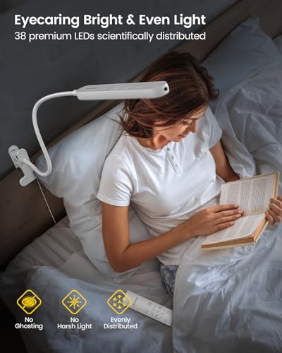 Image of Glocusent 38 LED Clip On Light: 5W Eye Caring Book Lights for Reading at Night - 5 Color & 5 Brightness with a Remote, 30-Min Auto Off Timer, Multi-Purpose Clip Lamp for Bed Reading /Studying /Working