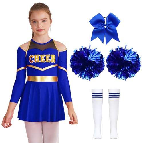 inhzoy Costume Cheer-Leader Bambina con Pon Pon Pompon Vestito Cheerleading Maniche Lunghe Uniforme da Cheer-Leader Costume Carnevale Halloween Compleanno Performance A Blu 7-8 anni