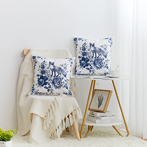 Blue And White Porcelain Pillow Covers Set Of 2 Flowers And Fox Throw Pillow Covers Elegant Vintage Farmhouse Home Living Room Bedroom Couch Decor Cushion Cover, 20X20 Inch #TOP3