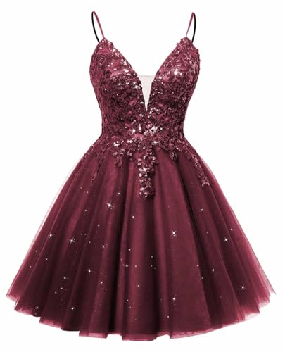 Sparkly Tulle Homecoming Dresses 2025 Spaghetti Straps Sequin Short Prom Dress V Neck Cocktail Party Gown