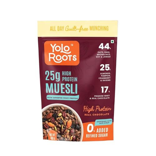 Image of Yolo Roots 25gm Whey Protein Dark Chocolate Muesli 400gm | Breakfast Cereal with 17% Premium Whey Protein, 25% Almond, Pumpkin & Cranberry | No Added Sugar | Made In Date Syrup (Pack of 2)
