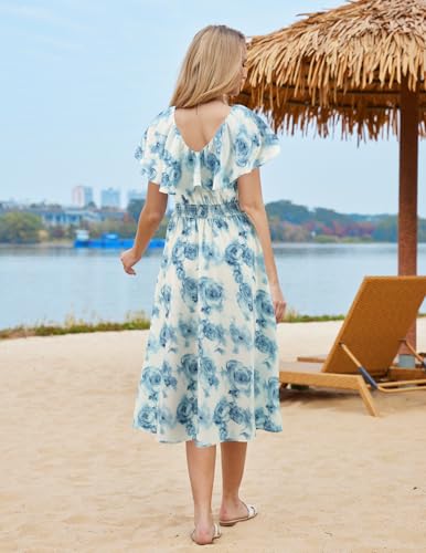 Image of Bridesmay Womens Summer Floral Midi Dresses Ruffle Sleeve Beach Wedding Guest Dress V Neck Swing Flowy Dresses