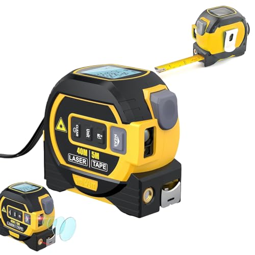 Almighty Tools Tape Measure 3-in-1 Laser Digital Measuring Tape Ruler-LCD Backlight 5M/16Ft Tape & Laser 40m/131Ft Rangefinder,Crosshairs Markings,Data Storage,Durable ABS Case/Yellow 1Pack