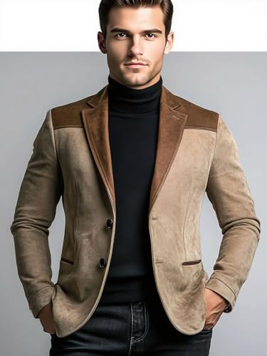 VENNYNG Men's Faux Suede Suit Jacket with PU Leather Shoulder Patchwork Motorcycle Coat4