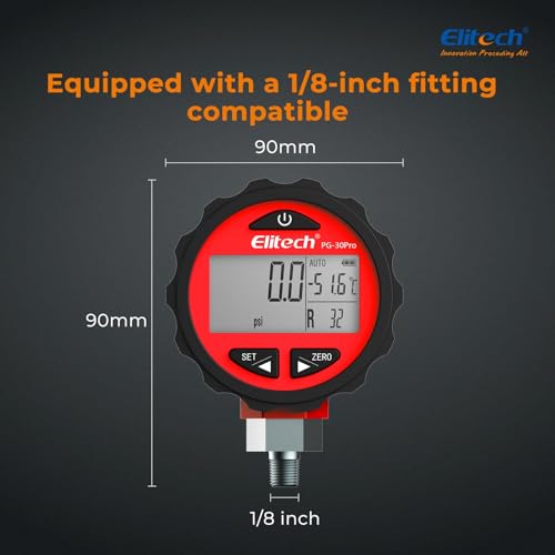 Elitech PG-30Pro Digitale Kältemittel-Druckmessgerät mit Hintergrundbeleuchtung | 88+ Kältemittel | 0-500 PSI (0-3,4 MPa) | 1/8 NPT | Kompatibel mit Manifold-Manometer | Rot