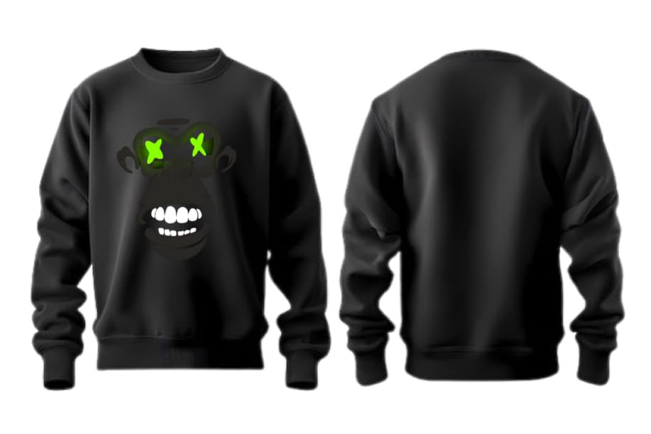 Spooky Monster Unisex Cotton Sweatshirt, Black, 320gsm Brushed Loopknit, Ultra Soft Pre-Shrunk Fabric, Green Glow Eyes Design-image-40