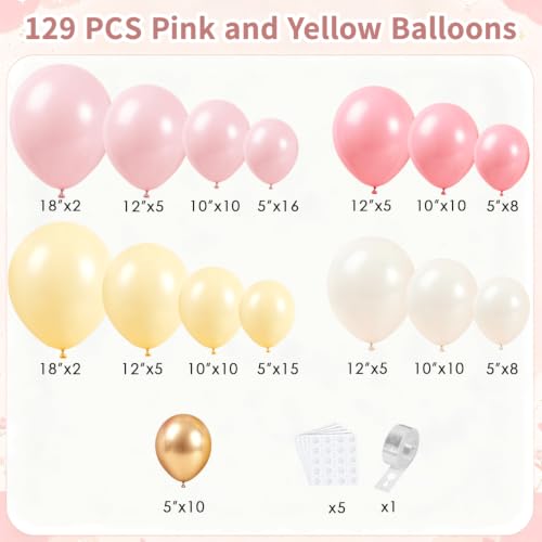 Image of 129 PCS Blush Pink Yellow and Ivory White Balloon Garland Arch Kit