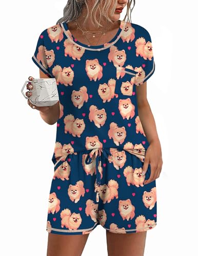 Ekouaer Pajama Set for Women Short Sleeve Tops and Shorts Set 2 Piece Pjs Classic Loungewear with Pockets Cartoon Yellow Dog Large