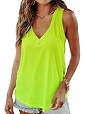 Smile Fish Women Summer Deep V Neck Tank Top Loose Fit Flowy Sleeveless Shirt Cotton Neon Green,L