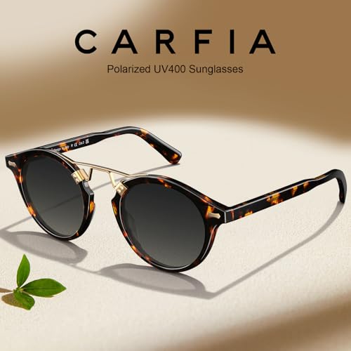 Image of CARFIA Double Bridge Small Acetate Sunglasses for Women Polarized, Retro Metal Brow Ladies Sunnies Fashion Round Eyewears