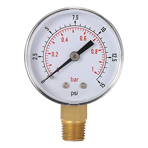 yaoyan Mini Low Pressure Gauge For Fuel Air Oil Or Water 50mm 0-15 PSI 0-1 Bar 1/4 Inch BSPT TS-50 Double Scale Measurer - Silver And Black