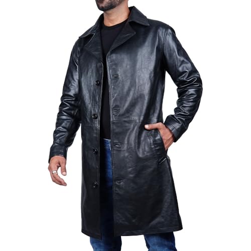 Desired Men's Trench Black Full Body Genuine Leather Duster Overcoat Sheepskin Long Coat Glossy Coat3