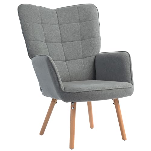 HOMCOM Sillón de Salón Moderno Butaca de Dormitorio con Respaldo Alto Reposabrazos Tela de Lino y...