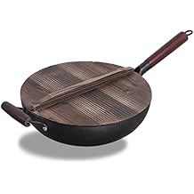 Chinese Hand Hammered Iron Woks, Cast Iron Woks Stir-Fry Pans Set with Wooden Lid & Steel Helper Handle for Induction, Electric, Gas, Halogen All Stoves,32cm