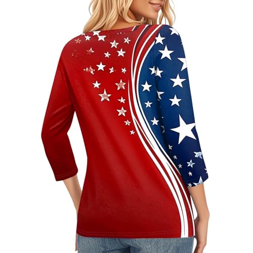 Image of 4th of July Shirts Women 3 /4 Length Sleeve Womens Tops Henley Neck Casual Patriotic T Shirts