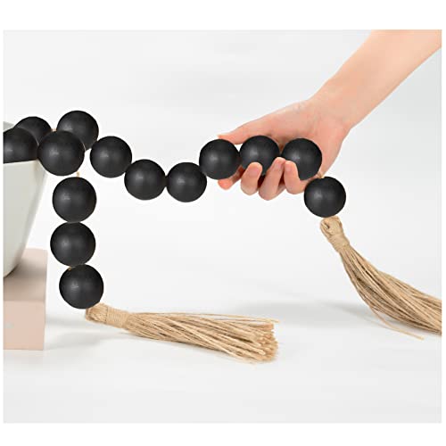 OMISHE Extra Large Wood Bead Garland Black with 1.6" Diameter Wooden Beads and Tassels, 41" Long Rustic Farmhouse Country Decorative Beads for Home Tiered Tray Decor, Black