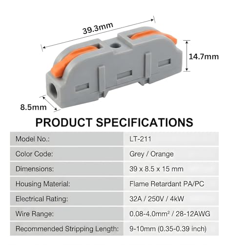 Image of ROBOWAY 50Pcs LT-211 Wire Connectors, 1 In to 1 Out Electrical Connectors, Quick Wiring Push-in Conductor Terminal Blocks for 28-12AWG Cable, Flame Retardant PA /PC Cable Connectors (Pack of 50)