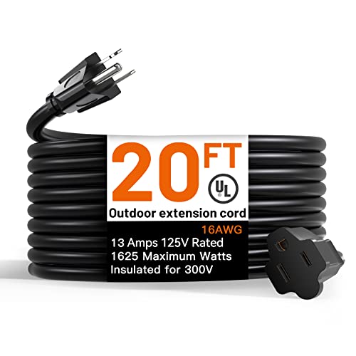 20 Feet Outdoor Extension Cord Waterproof, Black Extreme All Weather ...