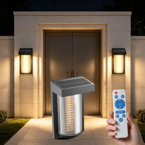 Image of Lightdot 2-Pack Arc Solar Wall Lights, Dusk to Dawn with Remote Control | 3000K Warm White 300LM Waterproof Solar Exterior Lamp for Yard, Walkway, Garage, Fence