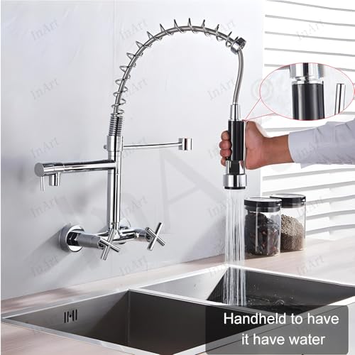 Image of InArt Elite Luxury with Wall-Mounted Kitchen Sink Tap - 360 Pull-Down Sprayer, Multi-Function Spray Head, Single Lever, Chrome Finish, and Hot & Cold Functionality Kitchen Sink Faucet