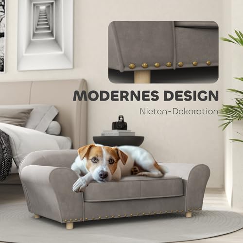 PawHut Hundesofa für kleine Hunde, Hundebett mit abnehmbarem und waschbarem Kissen, Haustiersofa mit Nietendekoration, 10 kg, Grau