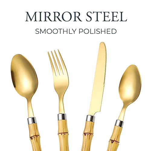 20-Piece Bamboo Style Flatware Set With Napkin Rings For Dining & Entertaining, Gold Plated Stainless Steel Forks Knives Spoons For Kitchen & Dining — Tableware Cutlery And Utensils Set For 4 People #TOP2