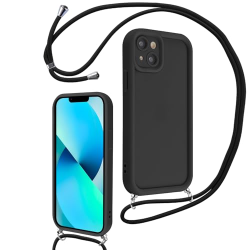 Coalbooliy Funda para iPhone 13 6,1" Avec Cordon de Collier, Silicona Carcasa Suave con Cuerda Correa Case Golpes Protección de la Cámara Cover Cadena de teléfono para Niñas Mujeres, Negro